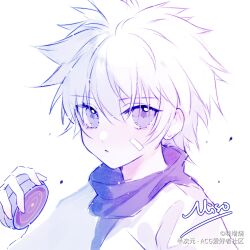 Rule 34 | 1boy, absurdres, artist name, bandage on face, bandages, highres, hunter x hunter, killua zoldyck, looking at viewer, male focus, messy hair, miso yaki, purple eyes, short hair, simple background, solo, upper body, watermark, white background, white hair, yo-yo