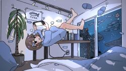 Rule 34 | 1girl, afloat, air bubble, arms up, barefoot, black eyes, blue shirt, blush, bubble, ceiling light, commentary, desk, english text, fish hair ornament, from side, futon, hair ornament, handheld game console, highres, holding, holding handheld game console, indoors, jitome, kani aji, kani aji-chan, long sleeves, looking at viewer, looking to the side, no pants, no pupils, no sclera, ocean, open mouth, original, pillow, plant, potted plant, print shirt, rock, school of fish, sea urchin, shark, shirt, slippers, unworn slippers, smile, solo, starfish, underwater