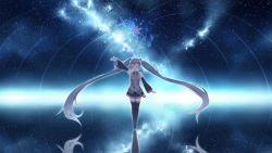 Rule 34 | 1girl, absurdly long hair, arm at side, arm up, backlighting, black skirt, blue hair, blue necktie, breasts, closed eyes, detached sleeves, grey shirt, hair between eyes, hatsune miku, highres, long hair, medium breasts, minasenagi, necktie, night, night sky, open mouth, outstretched arm, pleated skirt, reflection, ripples, shirt, skirt, sky, sleeveless, sleeveless shirt, solo, standing, star (sky), star (symbol), starry sky, thighhighs, twintails, very long hair, vocaloid, wide shot, zettai ryouiki