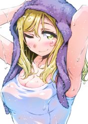 Rule 34 | 10s, 1girl, armpits, arms up, ayumu-k, blonde hair, blush, breasts, cleavage, commentary request, highres, long hair, looking at viewer, love live!, love live! sunshine!!, medium breasts, ohara mari, one-piece swimsuit, one eye closed, see-through, shiny clothes, shiny skin, simple background, smile, solo, swimsuit, taut clothes, towel, towel on head, wet, white background, white one-piece swimsuit, yellow eyes