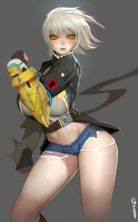 Rule 34 | 1girl, arm guards, armor, belt, blazblue, blazblue: chronophantasma, blush, breasts, bullet (blazblue), denim, denim shorts, facing viewer, fingerless gloves, gloves, high belt, high collar, highres, jacket, large breasts, looking at viewer, micro shorts, midriff, navel, parted lips, randy (awesomevillage), scar, short hair, short shorts, shorts, silver hair, solo, standing, thighs, yellow eyes