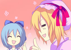Rule 34 | 2girls, bad id, bad pixiv id, blonde hair, blue hair, bow, cirno, embodiment of scarlet devil, closed eyes, female focus, flandre scarlet, hair bow, harano, hat, multiple girls, thumbs up, touhou, touhou m-1 grand prix