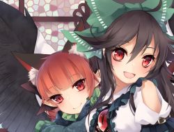 Rule 34 | 2girls, :d, animal ears, arm garter, bird wings, black bow, black hair, black wings, blunt bangs, blush, bow, cat ears, clothing cutout, dress shirt, extra ears, feathered wings, green bow, hair between eyes, hair bow, kaenbyou rin, long hair, looking at viewer, multiple girls, open mouth, pointy ears, puffy short sleeves, puffy sleeves, red eyes, red hair, reiuji utsuho, shirt, short sleeves, shoulder cutout, smile, third eye, touhou, toutenkou, upper body, white shirt, wings