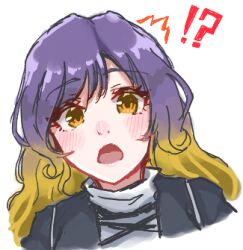 Rule 34 | !?, 1girl, blonde hair, blush, commentary request, cropped torso, gradient hair, hijiri byakuren, looking at viewer, lowres, multicolored hair, nostrils, open mouth, orange eyes, purple hair, simple background, solo, swept bangs, takana (forsterite), touhou, upper body, white background