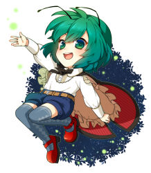 Rule 34 | 1girl, adapted costume, alternate costume, antennae, belt, blue thighhighs, bow, cape, chibi, embellished costume, full body, green eyes, green hair, long sleeves, looking at viewer, mary janes, matching hair/eyes, mise yuzuki, open mouth, shoes, short hair, shorts, simple background, smile, solo, thighhighs, touhou, white background, wriggle nightbug, zettai ryouiki