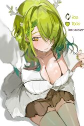 1girl antlers braid branch breasts ceres_fauna cleavage collarbone green_hair hair_branch hair_over_one_eye highres hololive hololive_english horns kyoukaraa large_breasts skirt solo thighhighs tree_horns twitter_strip_game virtual_youtuber yellow_eyes