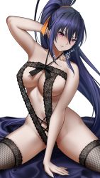 Rule 34 | 1girl, antenna hair, arm behind head, black hair, black thighhighs, breasts, commission, female focus, fishnet thighhighs, fishnets, hair ribbon, halterneck, high school dxd, highres, himejima akeno, large breasts, lingerie, long hair, navel, parted lips, ponytail, purple eyes, ribbon, shizuko hideyoshi, signature, slingshot underwear, solo, thighhighs, underwear, underwear only, white background, yellow ribbon