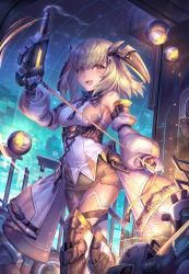 Rule 34 | 1girl, :d, absurdres, bare shoulders, blonde hair, blush, boots, breasts, brown gloves, brown shorts, detached sleeves, fang, fingerless gloves, gloves, gun, hand up, headgear, highres, holding, holding gun, holding weapon, large breasts, long sleeves, looking at viewer, medium hair, open mouth, original, puffy long sleeves, puffy sleeves, ringed eyes, robot, shichigatsu, short shorts, shorts, smile, smoke, smoking barrel, solo, waist cape, weapon, yellow eyes