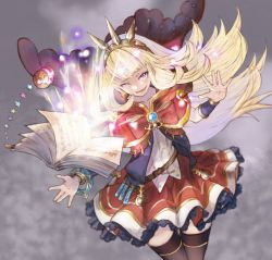 Rule 34 | blonde hair, book, cagliostro (granblue fantasy), commentary request, evil grin, evil smile, from ivoryedge, granblue fantasy, grey background, grin, headband, highres, long hair, magic, open mouth, purple eyes, red skirt, shirt, simple background, skirt, smile, smirk, spiked headband, thighhighs, white shirt