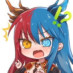 Rule 34 | !?, 1girl, blue eyes, blue hair, blue horns, blush, breasts, bright pupils, chibi, cleavage, commission, commissioner upload, dragon girl, dragon horns, dress, gem, hands up, horns, inferna dragnis (xoldrek), jewelry, long hair, long sleeves, looking at viewer, medium breasts, multicolored eyes, multicolored hair, multicolored horns, necktie, open mouth, orange eyes, original, pale skin, red hair, red horns, scales, solo, split-color hair, standing, surprised, sweat, symbol-shaped pupils, transparent background, usagi1923, white pupils, wide-eyed