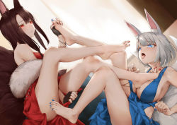 Rule 34 | 2girls, akagi (azur lane), akagi (ruby-laced beauty) (azur lane), animal ear fluff, animal ears, artist name, azur lane, bare legs, barefoot, black gloves, black hair, blue dress, blue eyes, blue nails, breasts, chinese commentary, commentary request, dress, eyes visible through hair, feet, fingerless gloves, foot focus, fox ears, fox tail, gloves, highres, holding another&#039;s foot, incest, kaga (azur lane), kaga (exalted white wings) (azur lane), kitsune, large breasts, legs, long hair, looking at another, lying, multiple girls, multiple tails, nail polish, official alternate costume, on back, open mouth, oshin0 (zheng), red dress, red eyes, red nails, revision, saliva, saliva trail, siblings, silver hair, sisters, sitting, sleeveless, sleeveless dress, tail, toenail polish, toenails, toes, tongue, tongue out, wristband, yuri