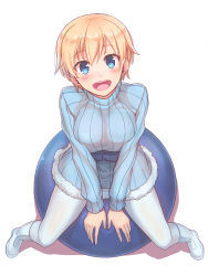 Rule 34 | 10s, 1girl, :d, blonde hair, blue eyes, blue sweater, blush, boots, brave witches, breasts, from above, full body, fur trim, hair between eyes, knee boots, konnyaku (kk-monmon), large breasts, looking at viewer, nikka edvardine katajainen, open mouth, pantyhose, shadow, short hair, simple background, sitting, smile, solo, sweater, turtleneck, turtleneck sweater, white background, white footwear, white pantyhose, world witches series