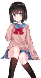 Rule 34 | 1girl, black hair, black legwear, blue eyes, blue sailor collar, blue skirt, blush, bow, brown sweater, chiune (yachi), feet out of frame, hachisuka hatsuno, hand up, highres, long sleeves, looking at viewer, parted lips, pleated skirt, red bow, sailor collar, school uniform, serafuku, short hair, simple background, sitting, skirt, sleeves past wrists, solo, sweater, tsumugu otome to taishou no tsuki, white background