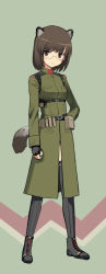 Rule 34 | 1girl, animal ears, armor, belt, brown eyes, brown hair, coat, glasses, messy (efuya), military, military uniform, original, solo, strike witches, tail, thighhighs, uniform, world witches series