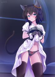 Rule 34 | 1girl, 2022, :|, absurdres, animal ears, armor, artist name, black gloves, black panties, black thighhighs, blue eyes, blush, breastplate, cameltoe, cat ears, cat girl, cat tail, chest armor, closed mouth, clothes lift, crossed bangs, dated, dress, dress lift, embarrassed, female focus, fingerless gloves, fran (tensei shitara ken deshita), gloves, gluteal fold, highres, indoors, lifting own clothes, looking at viewer, medium hair, natsumiya yuzu, navel, panties, puffy short sleeves, puffy sleeves, red ribbon, ribbon, ribbon panties, shiny skin, short sleeves, skindentation, solo, standing, stomach, tail, tensei shitara ken deshita, thighhighs, thighs, underwear, white dress, window, wrist cuffs