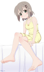Rule 34 | 1girl, absurdres, bad id, bad pixiv id, barefoot, chemise, dress, feet, green eyes, grey hair, hair ornament, hairclip, highres, nanowise, short hair, sitting, soles, solo, toes, white background, yama no susume, yellow dress, yukimura aoi