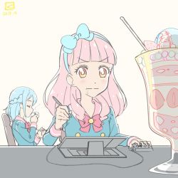Rule 34 | 10s, 2girls, aikatsu! (series), aikatsu friends!, blue bow, blue hair, blush, bow, bright pupils, closed eyes, closed mouth, commentary, cup, dated, drawing tablet, drinking, drooling, hair bow, holding, holding cup, long hair, minato mio, miyahara takuya, multiple girls, parfait, pastel colors, pink hair, plate, red neckwear, school uniform, simple background, white background, yellow eyes, yuki aine