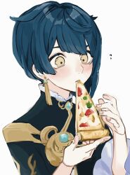 Rule 34 | 1boy, androgynous, black coat, blue hair, blunt bangs, coat, earrings, eating, food, genshin impact, highres, hnnoo, holding, holding food, holding pizza, jewelry, male focus, pizza, pizza slice, short hair, simple background, single earring, solo, tassel, tassel earrings, upper body, white background, xingqiu (genshin impact), yellow eyes