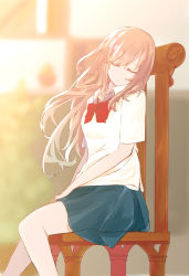 Rule 34 | 1girl, bad id, bad pixiv id, bare legs, blurry, bow, brown hair, chair, closed eyes, comrade stalin, depth of field, floating hair, long hair, original, sitting, skirt, solo, wind, wooden chair
