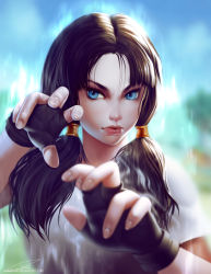 Rule 34 | 1girl, black hair, blue eyes, dragon ball, dragon ball z, dragonball z, fighting stance, fingerless gloves, gloves, lavah, lips, looking at viewer, nose, shirt, solo, twintails, upper body, videl, white shirt