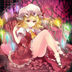 Rule 34 | 1girl, ascot, blonde hair, bobby socks, closed mouth, couch, crossed legs, crystal, cushion, flandre scarlet, frilled skirt, frilled sleeves, frills, full body, glowing, glowing wings, twirling hair, hand up, hat, hat ribbon, heart, highres, holding, indoors, knees up, kuramoto kaya, laevatein, legs, light particles, looking at viewer, mary janes, medium hair, mob cap, one side up, puffy short sleeves, puffy sleeves, red eyes, red footwear, red ribbon, red skirt, red vest, ribbon, shirt, shoes, short sleeves, sitting, skirt, skirt set, smile, socks, solo, touhou, vest, white shirt, white socks, wings, yellow ascot