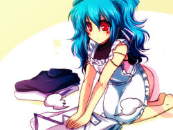 Rule 34 | 1girl, :&lt;, alfimi, all fours, apron, banpresto, bare shoulders, barefoot, black sweater, blue hair, blush, closed mouth, earrings, frilled apron, frills, fume, hair between eyes, hio (artist), jewelry, long hair, lowres, no panties, own hands together, red eyes, shiny skin, solo, super robot wars, sweater, tareme, turtleneck, turtleneck sweater, two-tone background, v arms, white apron