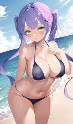 Rule 34 | 1girl, absurdres, bare arms, bare shoulders, beach, bikini, black bikini, blue sky, blush, breasts, cleavage, cloud, collarbone, cowboy shot, green eyes, hair between eyes, hair ornament, hairclip, highres, hololive, large breasts, long hair, looking at viewer, navel, ocean, open mouth, outdoors, purple hair, sand, sidelocks, sky, solo, stomach, swimsuit, thighs, tokoyami towa, twintails, virtual youtuber, ya ta