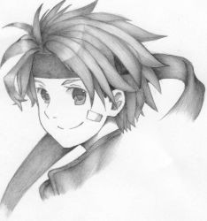 Rule 34 | 1boy, bandages, derivative work, greyscale, karahane, male focus, monochrome, portrait, rody roughnight, short hair, solo, white background, wild arms, wild arms 1