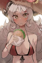 Rule 34 | 1girl, absurdres, bikini, blue archive, blush, breasts, burger, demon horns, flower, food, food on face, front-tie top, hair ornament, hairclip, hat, hat flower, highres, holding, holding food, horns, izumi (blue archive), izumi (swimsuit) (blue archive), large breasts, light brown hair, long hair, looking at viewer, red bikini, roly, simple background, sketch, solo, straw hat, sun hat, swimsuit, upper body, very long hair, wavy hair, white background, yellow eyes
