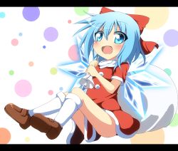 Rule 34 | 1girl, alternate costume, blue eyes, blue hair, blush, cirno, do (4-rt), dress, female focus, hair ribbon, letterboxed, mary janes, matching hair/eyes, open mouth, red dress, red skirt, ribbon, sack, santa costume, shoes, skirt, socks, solo, touhou, wings