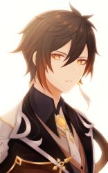 Rule 34 | 1boy, black hair, brown hair, earrings, formal, genshin impact, hair between eyes, highres, jacket, jewelry, long hair, looking at viewer, male focus, multicolored hair, nellrepca (nellichiyo), open mouth, ponytail, simple background, single earring, solo, suit, white background, yellow eyes, zhongli (genshin impact)