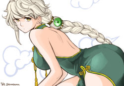 Rule 34 | 10s, 1girl, alternate costume, asymmetrical hair, backless dress, backless outfit, bad id, bad pixiv id, bare arms, bare shoulders, blonde hair, braid, braided ponytail, china dress, chinese clothes, cloud, dress, from behind, green dress, hair ornament, jitome, kantai collection, leaning forward, long hair, looking at viewer, shiratama (shiratama gold), side slit, silver hair, simple background, single braid, solo, turtleneck, unryuu (kancolle), very long hair