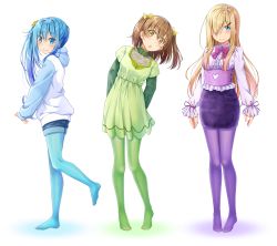 Rule 34 | 3girls, :o, ashida machi, blonde hair, blouse, blue eyes, blue hair, blue legwear, blue shorts, blush, bow, bowtie, brown hair, center frills, closed mouth, collared shirt, color coordination, commentary request, corset, dress, frills, green dress, green legwear, green shirt, gurande (g-size), hair between eyes, hair bow, hair ornament, hair over one eye, hairclip, head tilt, heart, highres, hood, hood down, hoodie, leaning to the side, long hair, long sleeves, looking at viewer, looking to the side, multiple girls, no shoes, ooashi ran, original, pantyhose, parted lips, pencil skirt, purple legwear, purple neckwear, purple skirt, raglan sleeves, shirt, short dress, short shorts, short sleeves, shorts, side ponytail, simple background, skirt, smile, star (symbol), star hair ornament, two side up, very long hair, white background, white hoodie, white shirt, yellow bow, yellow eyes