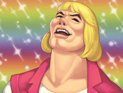 Rule 34 | 1boy, bad id, bad pixiv id, bishie sparkle, blonde hair, blunt bangs, closed eyes, collarbone, eyebrows, fabulous secret powers (meme), he-man, heaven condition, lips, male focus, maou alba, masters of the universe, meme, nose, open mouth, portrait, prince adam, rainbow background, shirt, solo, teeth, vest, white shirt