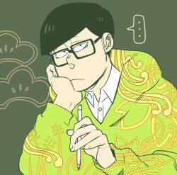 Rule 34 | ..., 10s, 1boy, absurdres, bespectacled, black hair, glasses, green background, hand on own cheek, hand on own face, head rest, highres, hood, hoodie, looking at viewer, male focus, matsuno choromatsu, nyaph, osomatsu-kun, osomatsu-san, osomatsu (series), short hair, simple background, solo, spoken ellipsis, upper body