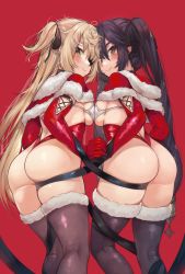 Rule 34 | 2girls, absurdres, alternate costume, ass, bikini, bikini top only, black hair, black ribbon, black thighhighs, blonde hair, blush, bra, breast press, breasts, capelet, christmas, closed mouth, come hither, commentary request, elbow gloves, eyepatch, fischl (genshin impact), from behind, fur trim, genshin impact, gloves, green eyes, hair ornament, hair over one eye, hair ribbon, highres, holding hands, huge ass, interlocked fingers, leotard, long hair, looking at viewer, looking back, medium breasts, mona (genshin impact), multiple girls, red background, red gloves, red legwear, ribbon, santa costume, shiny clothes, shiny skin, sideboob, simple background, skindentation, smile, string bikini, swimsuit, thighhighs, thong, thong leotard, torriet, twintails, two side up, underwear, very long hair, yellow eyes