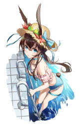 Rule 34 | 1girl, absurdres, amiya (arknights), animal ears, arknights, bikini, blue choker, blue eyes, blush, breasts, brown hair, choker, commentary, english commentary, hat, hat ribbon, highres, jewelry, kuza brs, legwear garter, long hair, looking at viewer, off-shoulder shirt, off shoulder, poolside, rabbit ears, rabbit girl, rabbit tail, ribbon, ring, shirt, simple background, small breasts, solo, swimsuit, tail, thigh strap, white background