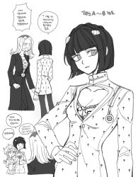 Rule 34 | 3girls, anger vein, bob cut, braid, braided ponytail, breasts, bruno bucciarati, cleavage, cleavage cutout, clothing cutout, commentary request, cross-laced clothes, dress, genderswap, genderswap (mtf), giorno giovanna, greyscale, hair ornament, hairclip, hand on own hip, jojo no kimyou na bouken, korean text, leone abbacchio, long hair, medium breasts, monochrome, multiple girls, pantyhose, pleated skirt, sempon (doppio note), short dress, short hair, skirt, translation request, vento aureo