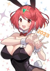 Rule 34 | 1girl, 2023, animal ears, blush, bow, bowtie, breasts, cleavage, earrings, fake animal ears, green322, highres, jewelry, large breasts, leotard, open mouth, orange eyes, playboy bunny, pyra (xenoblade), rabbit ears, rabbit tail, red hair, short hair, solo, tail, tiara, xenoblade chronicles (series), xenoblade chronicles 2