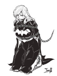 Rule 34 | 1girl, arms behind back, ball gag, batgirl, batman (series), belt, breasts, cape, captured, chain, chained, dc comics, gag, gagged, kneeling, large breasts, long hair, monochrome, signature, solo, superhero costume, tare-katsu, torn clothes, white background, wiffle gag