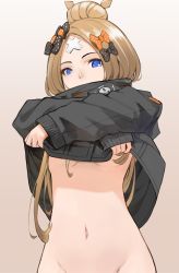 Rule 34 | 1girl, abigail williams (fate), abigail williams (traveling outfit) (fate), absurdres, black bow, black jacket, blonde hair, blue eyes, bottomless, bow, breasts, brown background, clothes lift, commentary, covered mouth, crossed bandaids, english commentary, fate/grand order, fate (series), gradient background, groin, hair bow, hair bun, head tilt, highres, jacket, jacket lift, lifted by self, long hair, long sleeves, looking at viewer, navel, nonh (wormoftank), official alternate costume, orange bow, out-of-frame censoring, parted bangs, polka dot, polka dot bow, single hair bun, sleeves past wrists, small breasts, solo, undressing