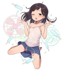 Rule 34 | 1girl, arms up, bare shoulders, blue skirt, blush, breasts, brown eyes, brown hair, camisole, camisole pull, clothes pull, electric fan, food, highres, hot, kikai (akita morgue), kneeling, legs apart, long hair, one eye closed, open mouth, original, pink camisole, popsicle, pulling own clothes, skirt, small breasts, solo, sweat, thighs