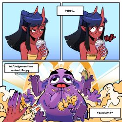 Rule 34 | 1boy, 1girl, 3koma, absurdres, artist name, burger, character request, choccomori, clapping, cloud, cloudy sky, colored skin, comic, commentary, copyright request, demon girl, demon horns, english commentary, food, glasses, grimace (mcdonald&#039;s), grimace shake (meme), heaven, highres, horns, mcdonald&#039;s, meme, red skin, sky, sweat