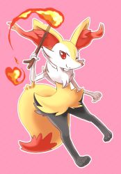 Rule 34 | animal ear fluff, animal ears, animal hands, animal nose, braixen, creatures (company), feet, fire, fox ears, fox tail, full body, furry, furry female, game freak, gen 6 pokemon, hand up, heart, highres, holding, lai (pixiv1814979), looking at viewer, nintendo, one eye closed, outline, pigeon-toed, pink background, pokemon, pokemon (creature), red eyes, simple background, smile, snout, solo, standing, stick, tail, wink