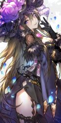 1girl argyle_clothes argyle_thighhighs black_dress black_gloves black_veil blue_flower breasts brown_hair cleavage dress flower gloves granblue_fantasy hair_between_eyes halloween_costume highres long_hair looking_at_viewer official_alternate_costume petals plant purple_eyes purple_flower purple_rose rose rosetta_(granblue_fantasy) rosetta_(halloween)_(granblue_fantasy) smile solo suzu_(suzuame329) thighhighs thorns veil very_long_hair vines