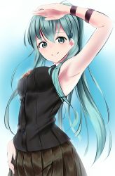 Rule 34 | 10s, 1girl, arm up, armpits, bad id, bad pixiv id, black skirt, blush, breasts, green eyes, green hair, green necktie, hair ornament, hairclip, highres, kantai collection, large breasts, long hair, looking at viewer, necktie, skirt, smile, solo, suzuya (kancolle), tatusinomu, wristband