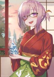 Rule 34 | 1girl, :d, black-framed eyewear, blush, breasts, cloud, commentary request, eyes visible through hair, fate/grand order, fate (series), fingernails, glasses, green hakama, hair over one eye, hakama, hakama skirt, head tilt, highres, holding, indoors, japanese clothes, jonsun, kimono, long sleeves, mash kyrielight, mash kyrielight (enma-tei uniform), official alternate costume, open mouth, pink hair, ponytail, purple eyes, red kimono, short kimono, short ponytail, skirt, sky, small breasts, smile, solo, sunset, teeth, upper teeth only, wide sleeves