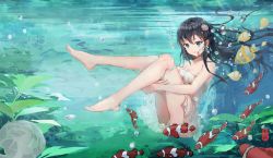 Rule 34 | 1274711628, 1girl, absurdres, air bubble, barefoot, black hair, blue eyes, breasts, bubble, cleavage, closed mouth, clownfish, commentary request, dress, feet, fish, fish request, hair between eyes, hair ornament, highres, long hair, original, scenery, shell hair ornament, smile, solo, toes, tropical fish, underwater, white dress