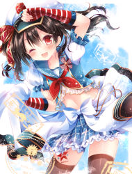 Rule 34 | 10s, 1girl, black hair, black thighhighs, blue skirt, fingerless gloves, frilled skirt, frills, gloves, hat, long hair, looking at viewer, love live!, love live! school idol festival, love live! school idol project, midriff, navel, nogi takayoshi, one eye closed, open mouth, red eyes, skirt, solo, striped clothes, striped gloves, thighhighs, yazawa nico