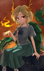 Rule 34 | 1girl, absurdres, blonde hair, blue shirt, blush, closed mouth, collarbone, commission, dragon horns, dragon tail, feet out of frame, fire, green skirt, highres, horns, kicchou yachie, looking at viewer, red eyes, shirt, short hair, sitting, skeb commission, skirt, socks, solo, tail, touhou, turtle shell, uisu (noguchipint), white socks, yellow horns